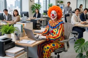 ピエロの格好の女性がオフィスで仕事