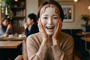 笑顔のお面を顔に当てる女性