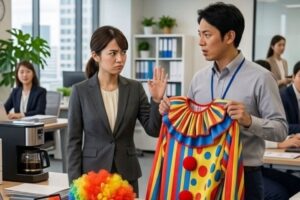 ピエロの衣装を断る女性