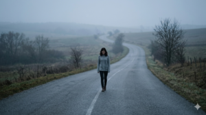 暗い道を一人歩く女性