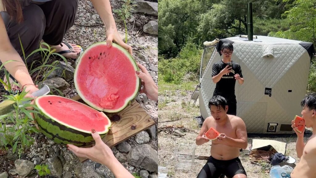 北杜市白州町でワーケーション中に男性がスイカを小川で食べる